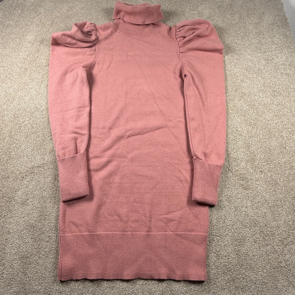 Tularosa Womens L Pink Turtleneck Sweater Dress Womens Puff Sleeve Ribbed Knit